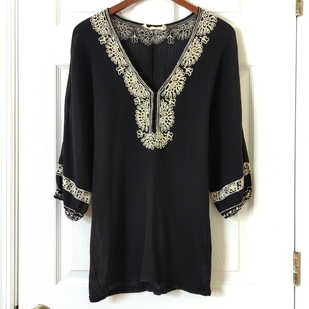 Joie a La Plage Oversized Embroidered V-neck Quarter Sleeve Tunic Blouse Black S